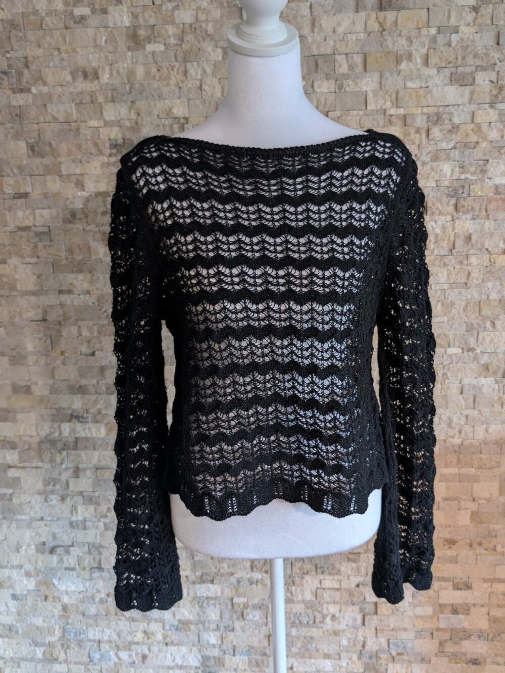 Zara Whimsigoth Black Open Knit Sparkle Sweater Bell Sleeve Witchy Scalloped Med
